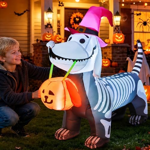 GOOSH 5.5 FT Halloween Inflatables Outdoor Decorations Skeleton Puppy Inflatable Yard Decoration with Build-in LEDs Blow Up Pumpkin for Halloween Party Indoor Outdoor Yard Garden