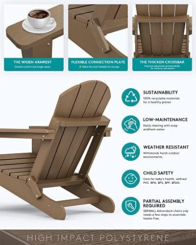 SERWALL Folding Adirondack Chair Set of 4 Patio Chair with Cup Holder-Brown