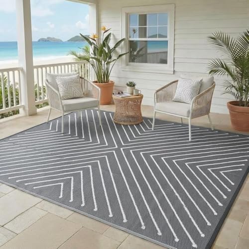 Garvee 8x10 Outdoor Patio Carpet Reversible Waterproof, Large Portable RV Camping Rug for Deck, Porch, Backyard, Balcony, Beach, Grey&White Outdoor Mat