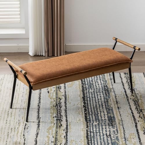 DUOMAY Modern PU Ottoman Bench with Arms & Metal Legs, Brown