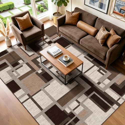 Modern Geometric 8x10 Area Rugs for Living Room, Coffee Brown Washable Rug