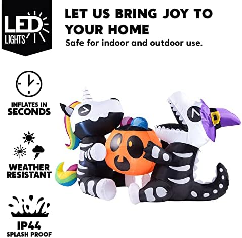 Joiedomi 6 FT Halloween Inflatables Outdoor Decorations, Sitting Skeleton Unicorn & Dinosaur with Pumpkin Blow Up Yard Decor, LED Lighted Holiday Lawn Garden Patio Outside Inflatables Decor
