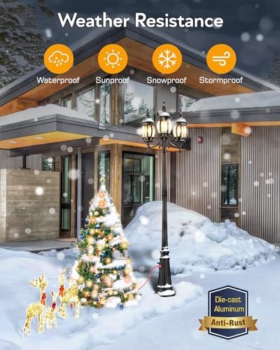 VIANIS 3-Head Dusk to Dawn Outdoor Lamp Post Light with Outlet, Anti-Rust