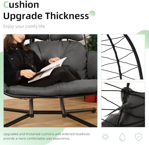 Double Egg Chair with Stand Hammock Swing Chair Foldable Hanging Loveseat, UV Resistant Removable Cushions, 700LBS Capacity for Bedroom, Balcony, Garden(BK-GR)