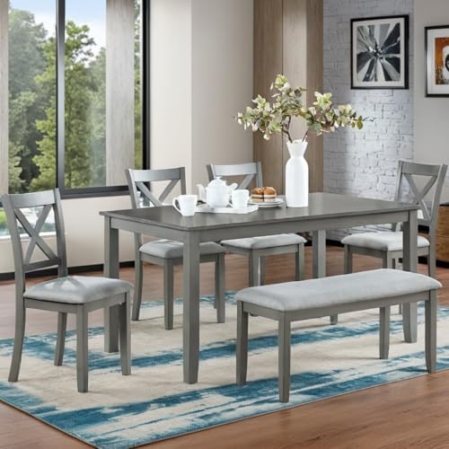 LUMISOL 6-Piece Dining Table Set with Bench, Farmhouse Solid Wood Kitchen Table Set with 4 Upholstered Chairs and Bench for Kitchen, Dining Room, Living Room, Grey