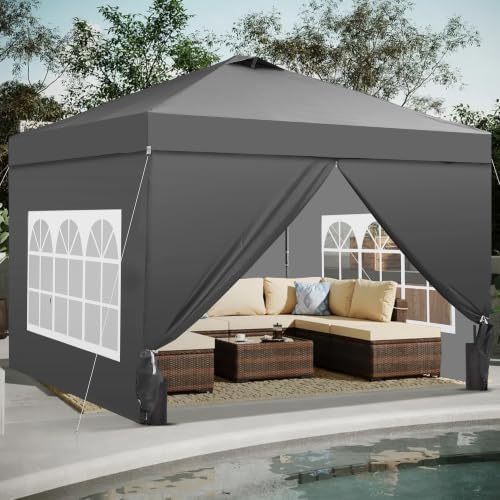 10x10ft Pop-Up Canopy Tent with 4 Side Walls — Easy Setup, Outdoor Portable Gazebo with 4 Ropes, 8 Stakes, 4 Sandbags and Handbag, for Patio, Camping and Picnic, Gray