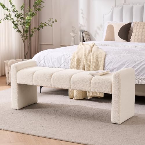 54" Boucle Bench for Bedroom Window End of Bed, Ivory White