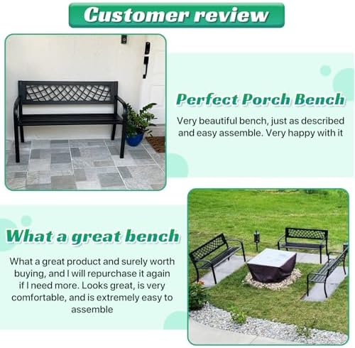 Dkeli Patio Outdoor Bench Park Metal Sturdy Cast Iron Garden Benches Porch Chair Seat Furniture with Armrests 480BLS Bearing Capacity for Park Yard Deck Entryway, Black