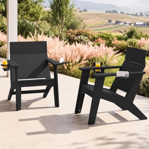 SERWALL Modern Adirondack Chair Set of 2, Cup‑Holder,Solid Backrest, Black