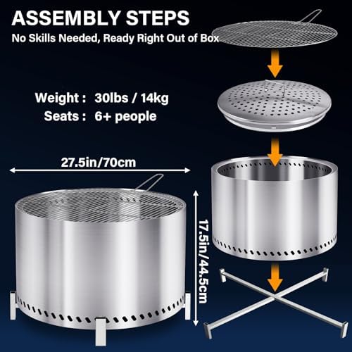 HGD 28" Smokeless Fire Pit with Stand & Grill Rack, Large Stainless Steel Wood Burning Firepit with Secondary Combustion, Backyard Patio Stove for Outdoor, Garden, BBQ & Bonfire (Silver)