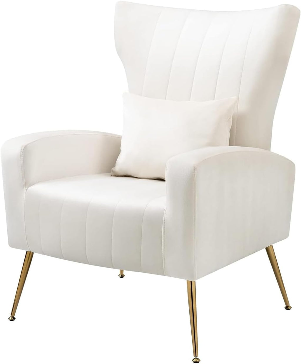 Velvet Accent Chair for Living Room Bedroom, Modern Arm Chair with Wingback & Gold Metal Legs, Lumbar Pillow Included, White