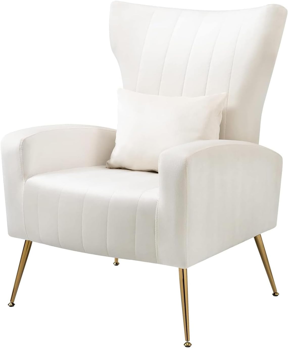 Velvet Accent Chair for Living Room Bedroom, Modern Arm Chair with Wingback & Gold Metal Legs, Lumbar Pillow Included, White