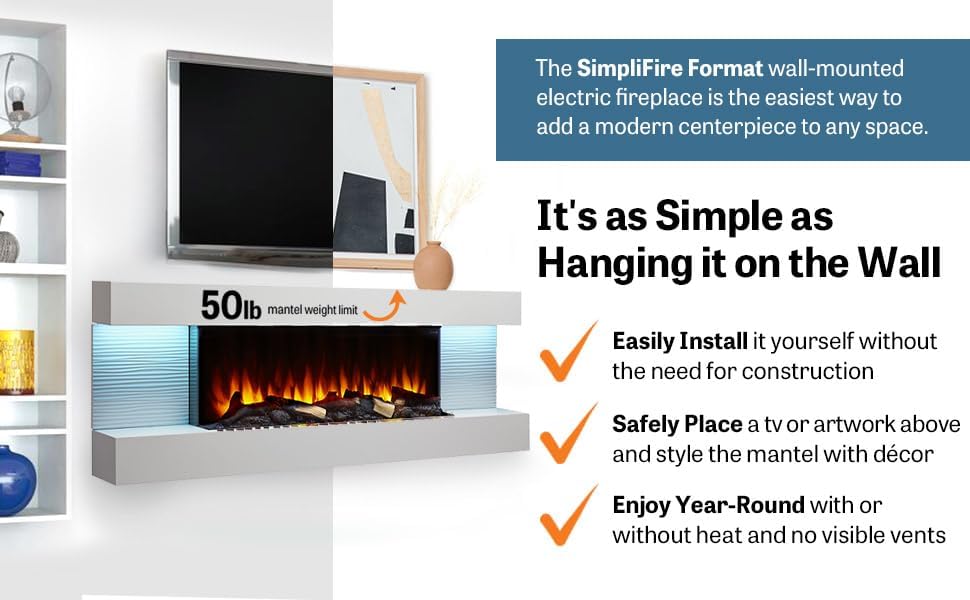 SimpliFire Format 36-Inch Wall Mount Electric Fireplace with 50-Inch Floating Mantel (SF-FORMAT36-SF-FM50-WH)