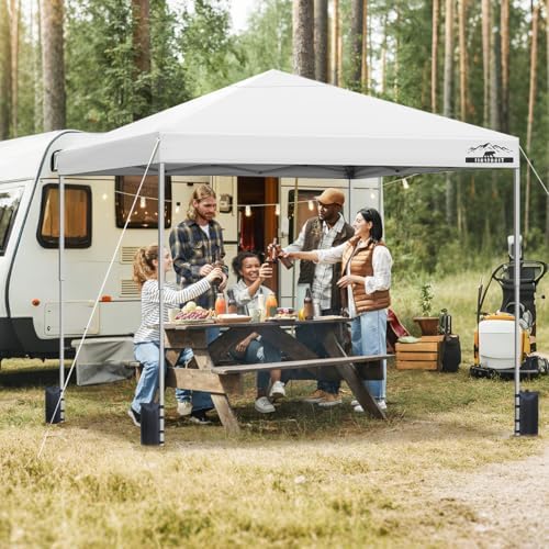 10x10ft Pop Up Canopy Tent - Instant Shelter, Easy Outdoor Sun Shade for Events, Parties, Camping, Portable Outdoor Canopies, Silver Coated Top UPF 50+, 4 Weight Bags - White
