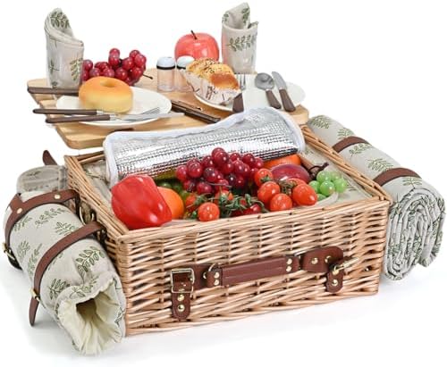 Multifunctional Wicker Picnic Basket Set for 2 with Blanket and Picnic Table, Insulated Picnic Set with Full Tablewares for Camping Outdoor Couples,Leaf