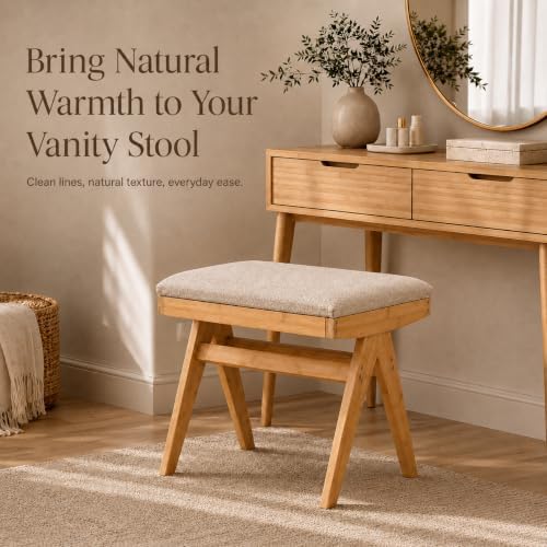 BAMBOOHOMIE Square Foot Stool Ottoman, Large Vanity Stool with Thickened Bamboo Legs & Foam Cushion for Makeup Room, Modern Foot Rest Padded for Bedroom Closet Entryway Living Room (Natural - Brown)