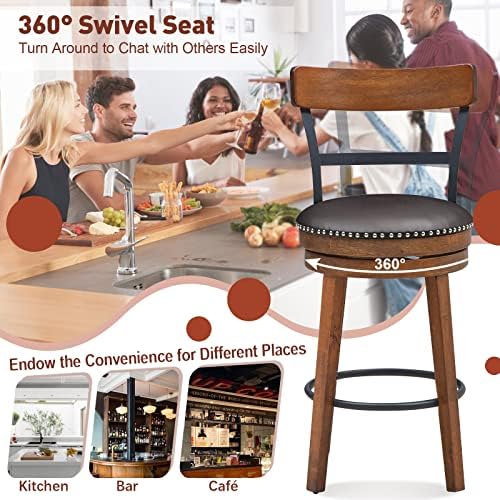 GIANTEX Bar Stools Set of 2-25.5" Counter Height Swivel Rubber Wood Barstools with Soft Padded Seat Cushions, Footrests, Easy Assembly Armless Farmhouse Kitchen Island Bar Chairs with Back, Brown
