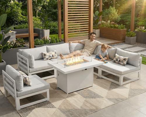 RADIATA 7 Piece Aluminum Patio Furniture Set with Fire Pit Table, White