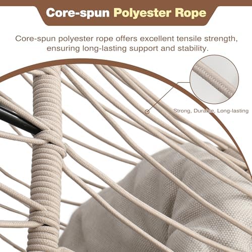 Upgraded Core-Spun Polyester Rope Hanging Egg Chair w/Stand, Foldable Swing Seat, 350LBS, No PE Rattan Shedding, Weatherproof, Never Fray, Full Surround Cushion for Patio Balcony. (Grey Cushion)