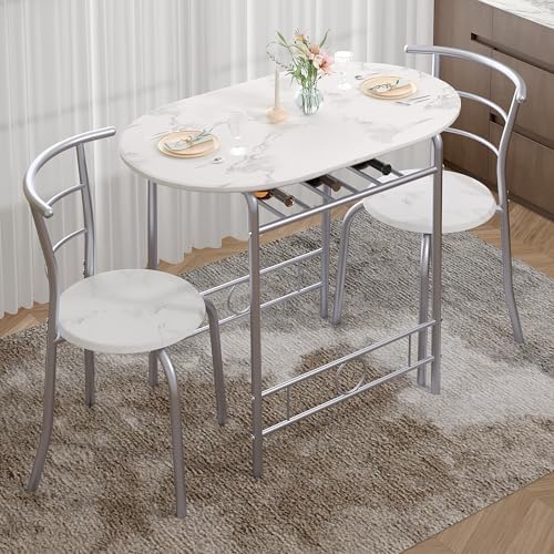 VECELO 3-Piece Dining Table Set for Kitchen Breakfast Nook, Faux Marbled Oval Tabletop and Metal Frame with Built-in Wine Rack, for Small Spaces, White & Silver