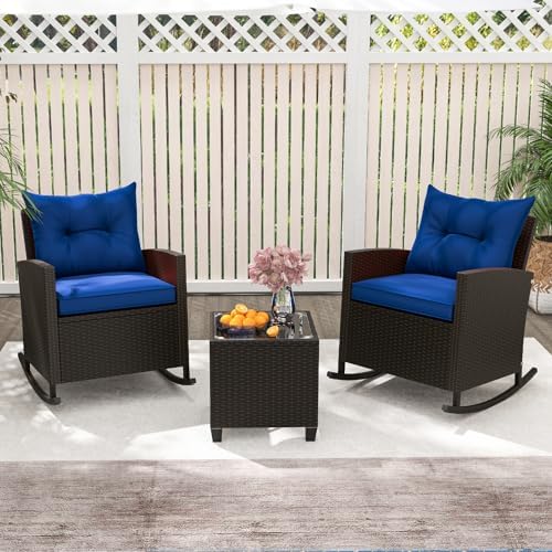 RELAX4LIFE 3-Piece Rocking Bistro Set - Rattan Wicker Rocking Chairs Set of 2 w/Soft Cushions, Glass Coffee Table, Outdoor Conversation Rocker for Porch Balcony, Small Patio Furniture (Brown-Navy)