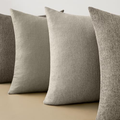 Natural Linen Look Throw Pillow Covers 18x18 Inch Set of 4, Textured Woven Decorative Pillow Covers, Neutral Square Cushion Covers for Couch Sofa Living Room Bedroom, Walnut Beige Mix
