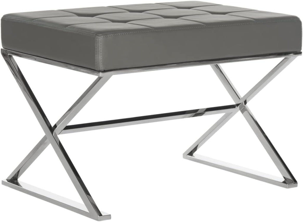 Safavieh Home Collection Micha Modern Glam Cream Tufted and Silver Steel Ottoman