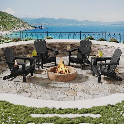 HDPE Folding Adirondack Chair Set of 2 with Side Table, Black