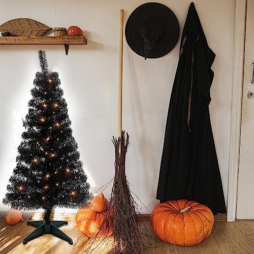 Juegoal Lighted Artificial Halloween Black Christmas Tree, Pre-lit 4 FT Black Tinsel Xmas Pine Trees, Light up with 70 LED Lights Battery Powered, 8 Modes & Timer for Home Office Party Decorations