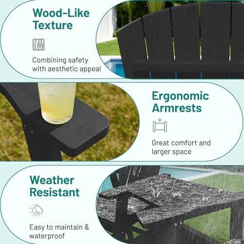 PLUUV Tall Adirondack Chairs Set of 2 with Double Connecting Trays, Black