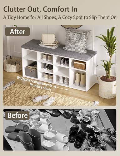 DINZI LVJ Shoe Storage Bench with Cushion, 40.9" Cubby Shoe Rack, 12-Cubby