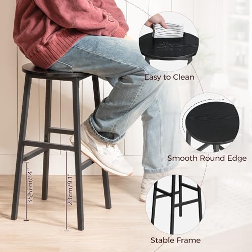 MAHANCRIS Bar Stools, Set of 2 Round Bar Chairs with Footrest, 24.4 Inch Kitchen Breakfast Bar Stools, Industrial Bar Stools, Easy Assembly, for Dining Room, Kitchen, Black BAHB0201
