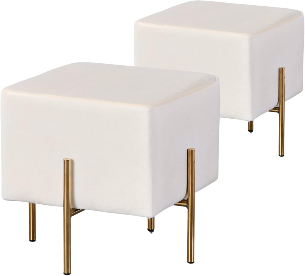 Kirpi Cream Velvet Foot Stool Set of 2, Modern Vanity Ottoman Stools with Gold Legs, Cube Accent Foot Rest for Living Room Bedroom Makeup Vanity (Cream)