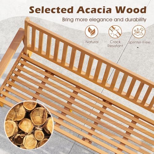 Tangkula 3-Seat Acacia Wood Outdoor Bench with Cushion, 64" Extra Long Garden Bench with Slatted Seat & Backrest, 3-Person Patio Wood Bench for Backyard, Porch, Balcony & Garden