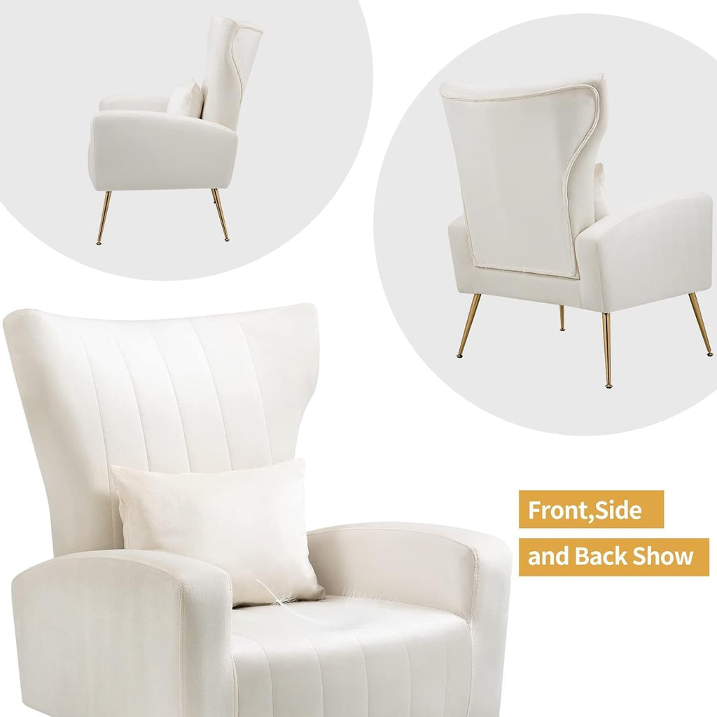 Velvet Accent Chair for Living Room Bedroom, Modern Arm Chair with Wingback & Gold Metal Legs, Lumbar Pillow Included, White