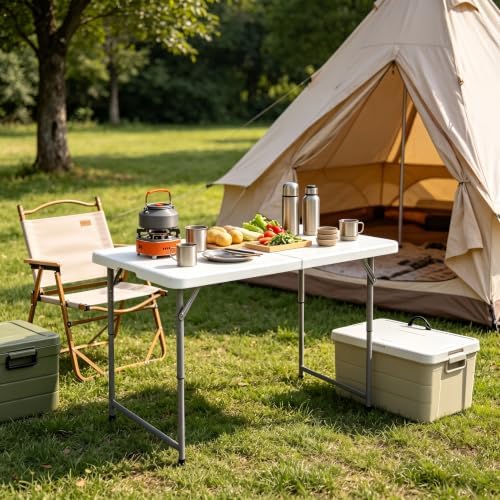 Folding Table 4 Foot, Heavy Duty Adjustable Height Folding Card Table Portable Plastic Foldable Utility Table Indoor Outdoor for Camping, Picnic, Dining and Party, White