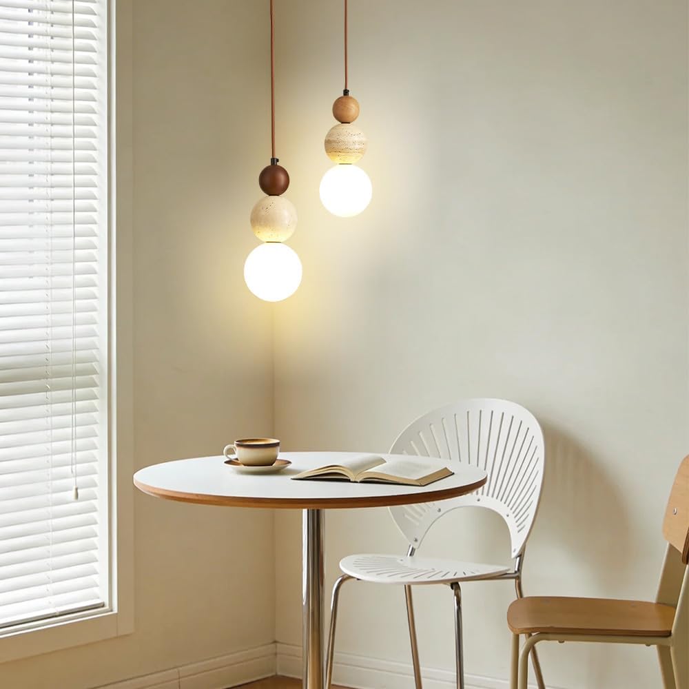 Modern Natural Stone Pendant Light, Frosted White Glass Spherical Hanging Light, Indoor Suspension Pendant Lamp for Bedroom Kitchen Island Dining Room Bar