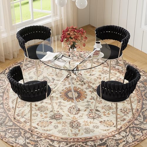 Modern Minimalism Circle Dining Table Set of 4, 36'' Round Tempered Glass Table Top with Silver Base & 4 Black Silver Velvet Dining Chairs, 5-Piece Dining Room Table Set (Easy Assembly)