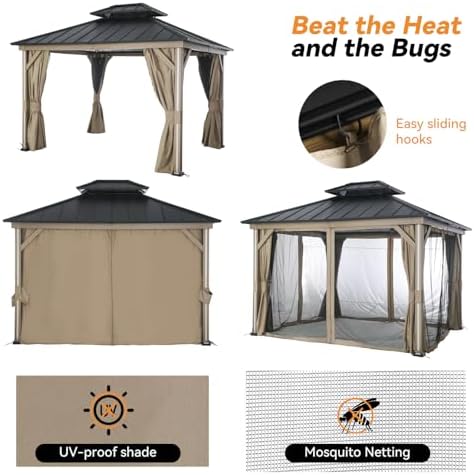 Modern Shade Hardtop Gazebo 10' x 12' with 4 Lights, Outdoor Gazebo with Galvanized Steel Double Roof, Patio Pavilion with USB and USB-C connectors, Netting and Curtains, Wood Looking