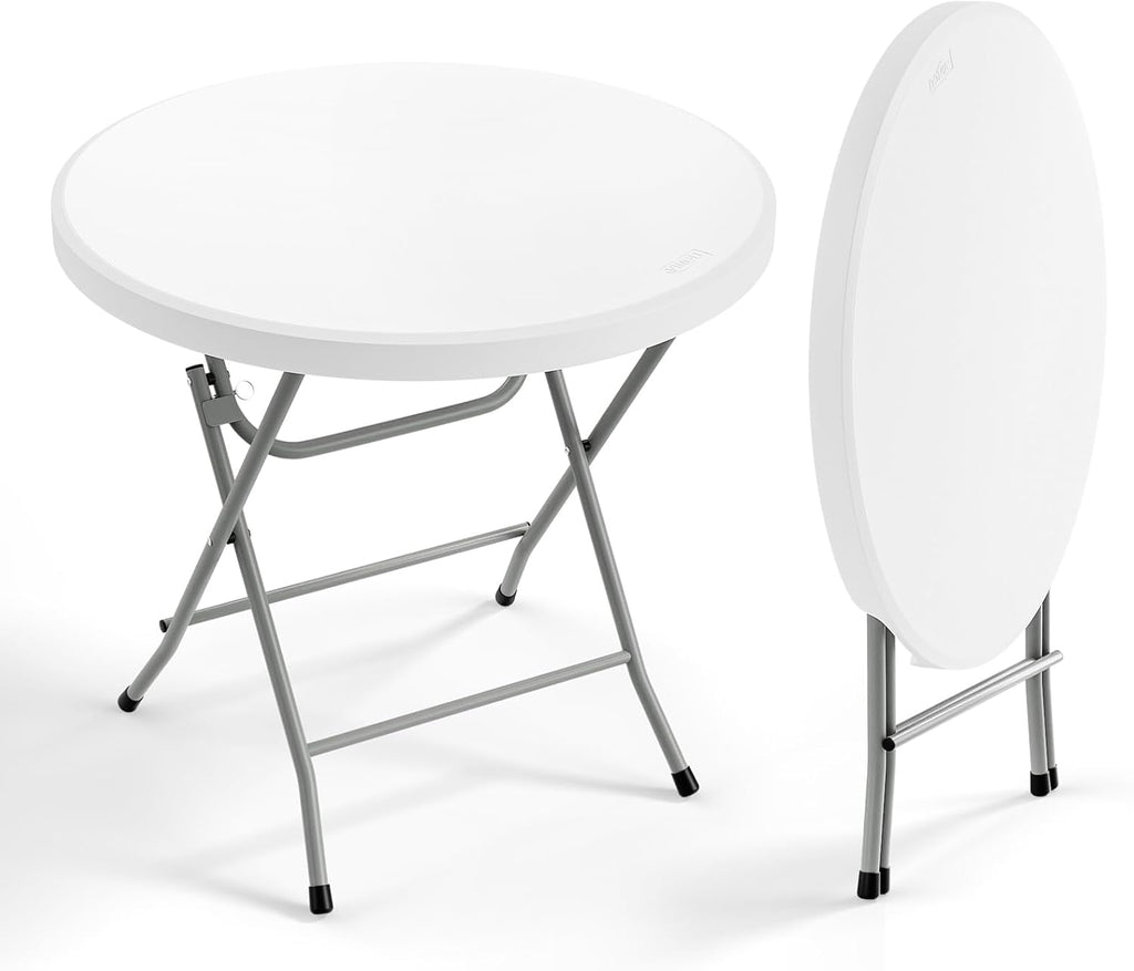 VINGLI 32" Round Folding Commercial Banquet Table, Portable Plastic Coffee Card Dining Table for Kitchen or Outdoor Party Wedding Event, 1 Pack, White