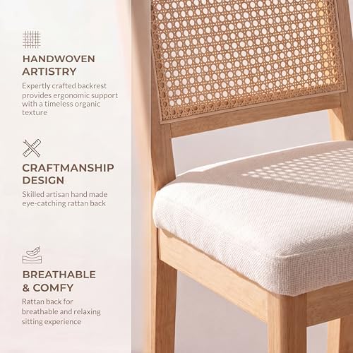 HNY Rattan Counter Bar Stools Set of 4, Farmhouse Bar Stools with Back and Wood Legs, Upholstered Mid Century Modern Fabric Barstools Breakfast Island Chairs for Kitchen Island - White/ 26"