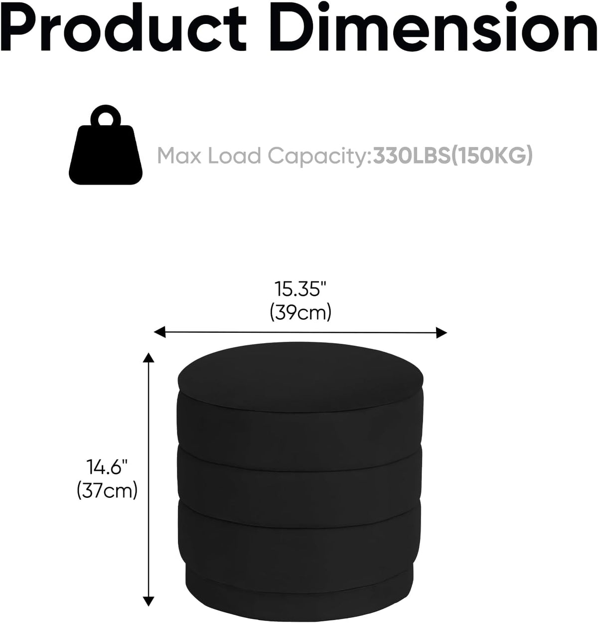 15.4" Round Velvet Storage Ottoman with Reversible Lid, Upholstered Circular Ottoman Footrest with Hidden Storage, Foldable Padded Footstool for Dorm Living Room & Bedroom, Black
