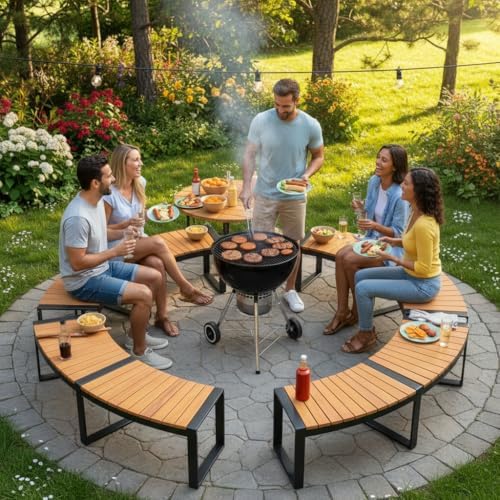 Tangkula Patio Curved Bench, Acacia Wood Fire Pit Bench w/Slatted Seat & Metal Legs, Outdoor Backless 2-Person Seating for Yard, Garden, Porch, 800 LBS Max Load, Oil Painted