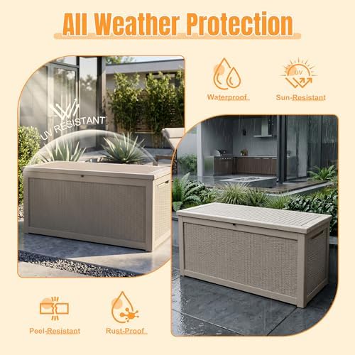 Outdoor Storage Box, 380 Gallon Waterproof Resin Deck Box with Support Rod