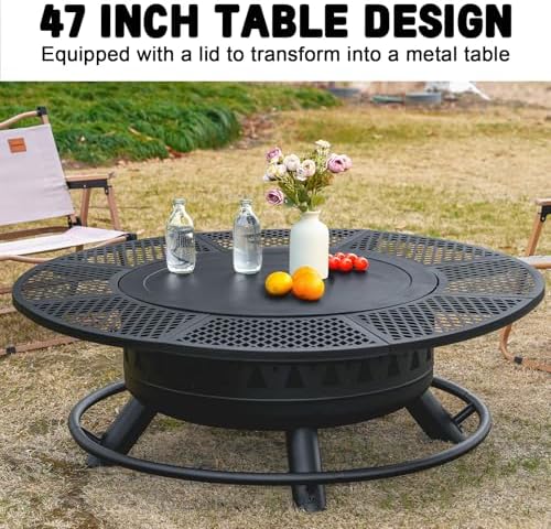 47 Inch Outdoor Fire Pit with 2 Grills, Wood Burning Large Fireplace Table
