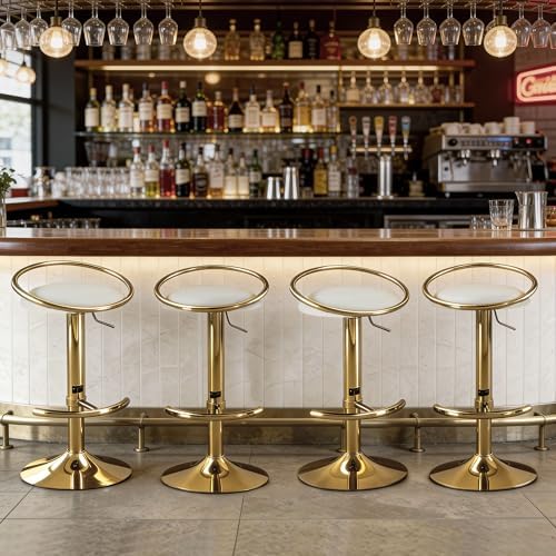 Bar Stools Set of 2, Adjustable Swivel Counter Stools with Upholstered Seat, PU Leather Counter Height Barstools for Bar, Kitchen Island, Dining Room, Gold