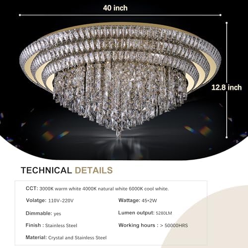 40" Flush Mount Crystal Chandeliers with Remote and APP,Gold Ceiling Lights