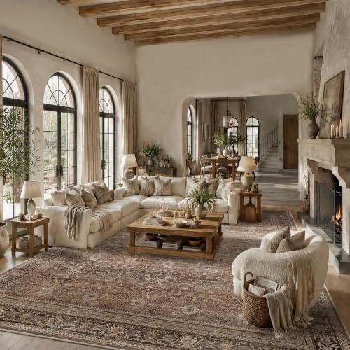 Schweek 10x14 Washable Area Rug Brown Neutral Vintage Distressed Large Rugs
