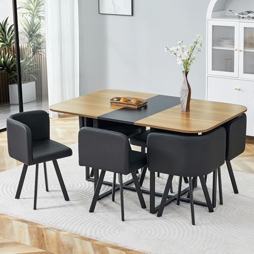 7-Piece Dining Table Set for 6,Modern Dining Room Table Set for 6 with Cushioned Chairs,59" Wood Kitchen Table Set for Home, Apartment,Office,Conference Room,Small Spaces, Space-Saving