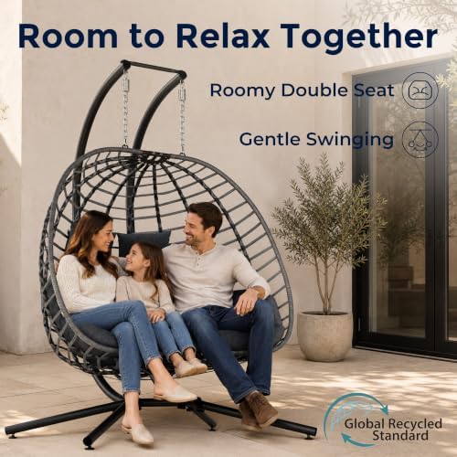 SWITTE Double Egg Chair Outdoor with Stand, Patio Hanging Swing, Grey